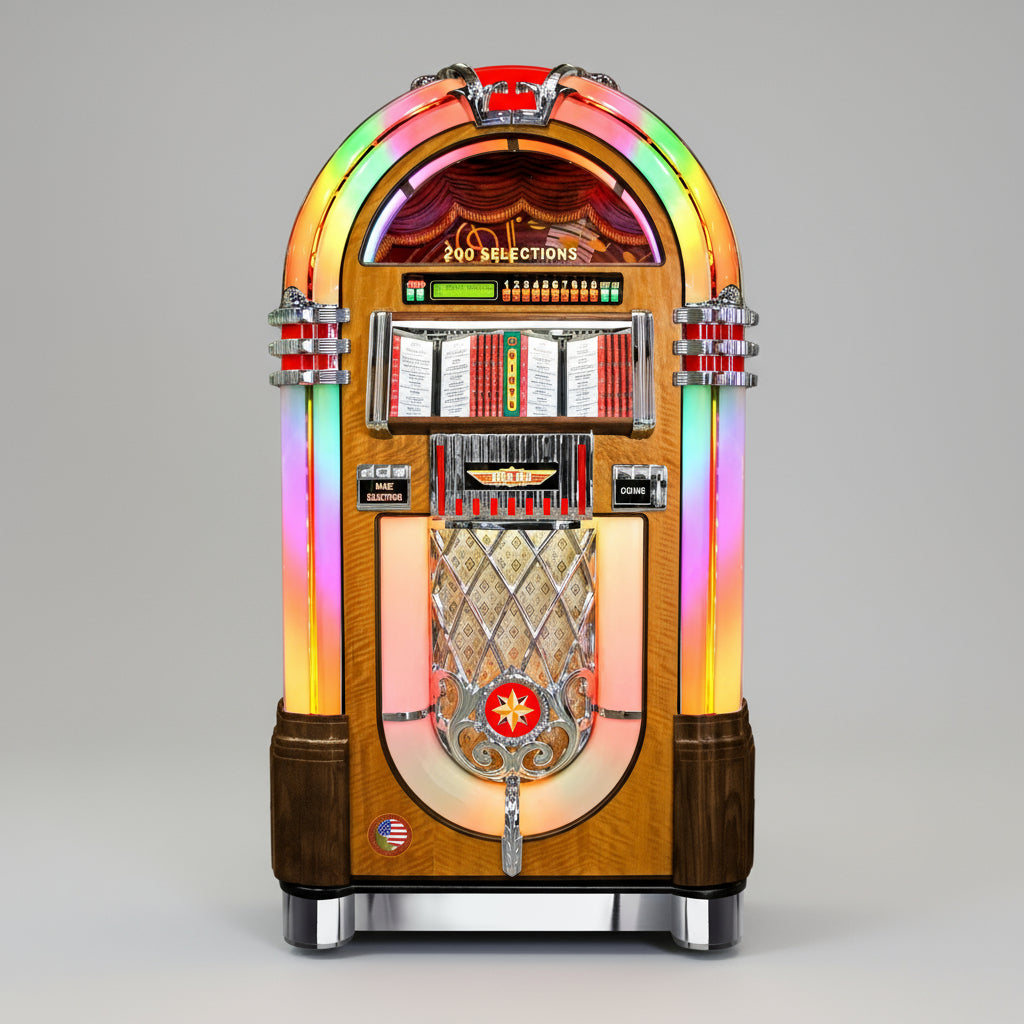 A Rock-Ola Authentic Bubbler Vinyl 45 Deluxe jukebox with a wood veneer finish, coin mechanism, and a Bluetooth dongle.